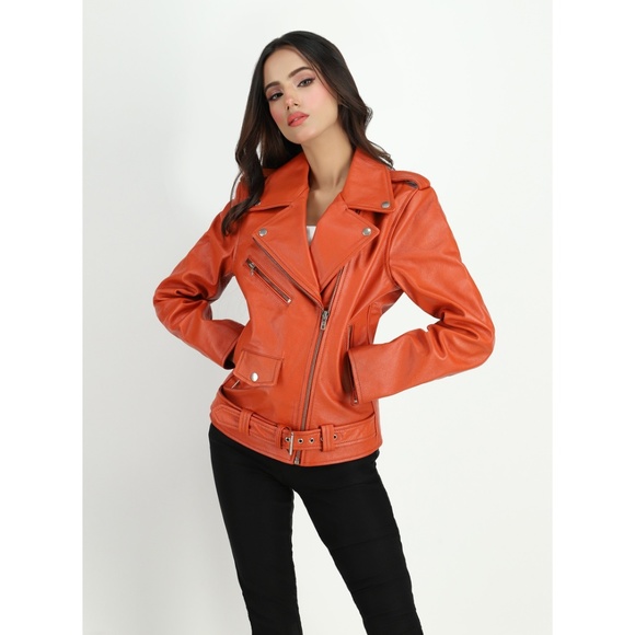 Women's Moto Style Cowhide Orange Leather Jacket - Picture 1 of 6